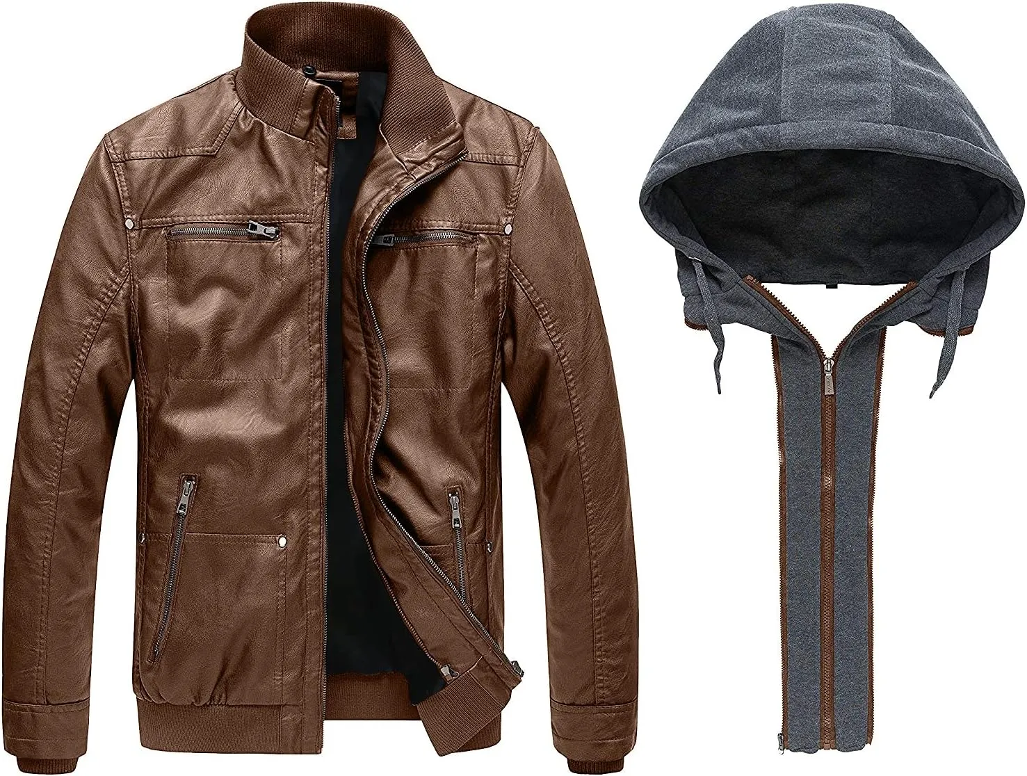 wantdo Men's Faux Leather Jacket with Removable Hood Motorcycle Jacket Casual Warm Winter Coat