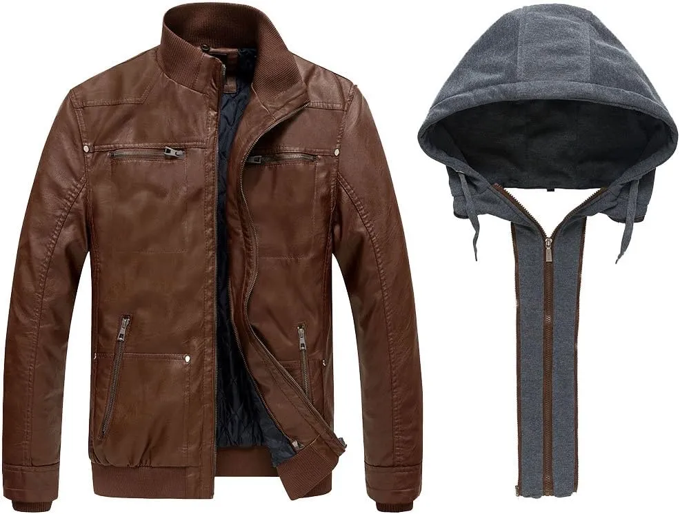 wantdo Men's Faux Leather Jacket with Removable Hood Motorcycle Jacket Casual Warm Winter Coat