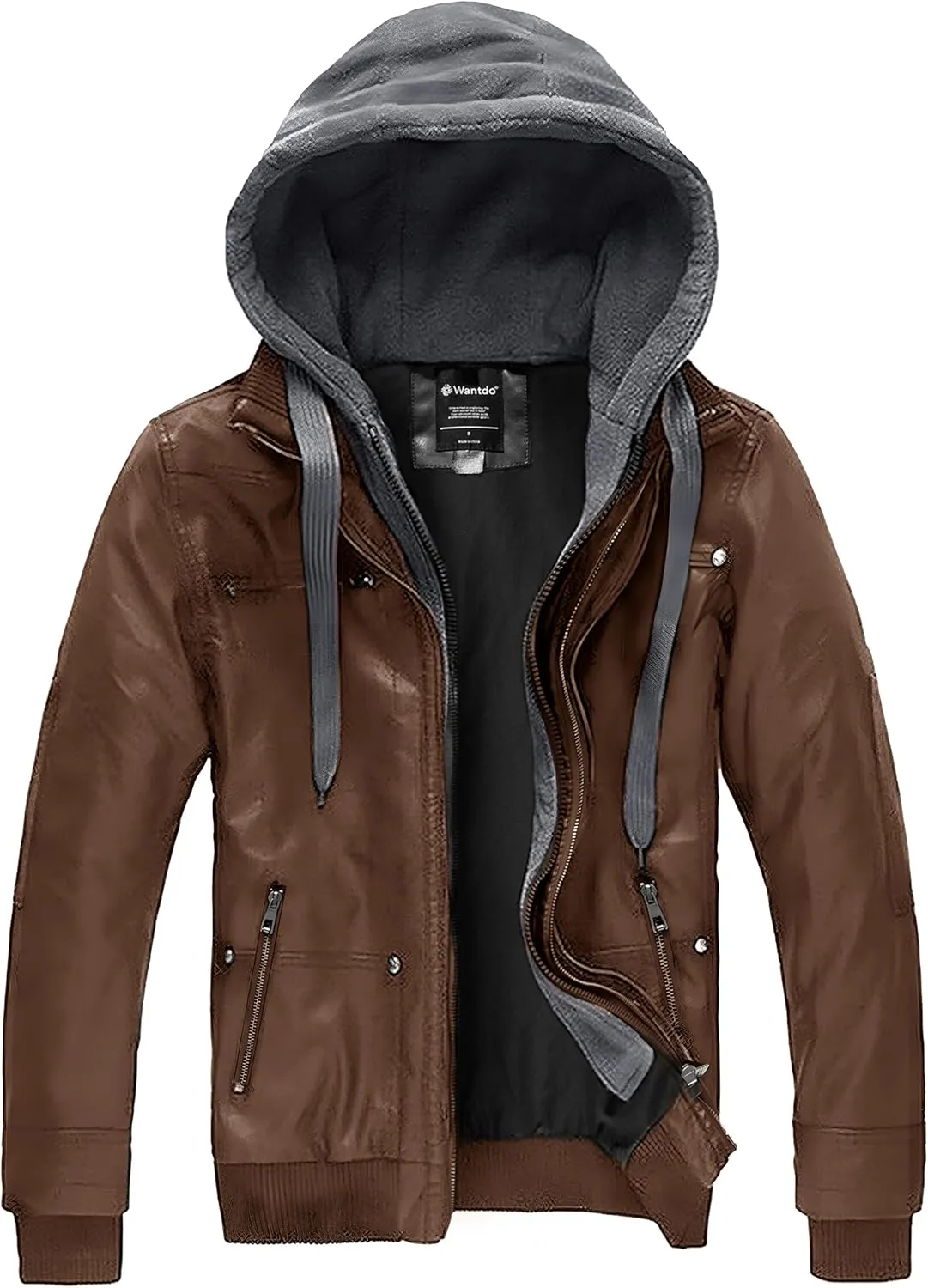 wantdo Men's Faux Leather Jacket with Removable Hood Motorcycle Jacket Casual Warm Winter Coat
