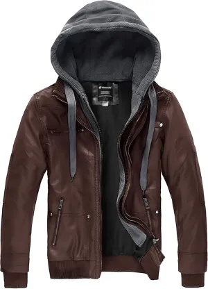 wantdo Men's Faux Leather Jacket with Removable Hood Motorcycle Jacket Casual Warm Winter Coat