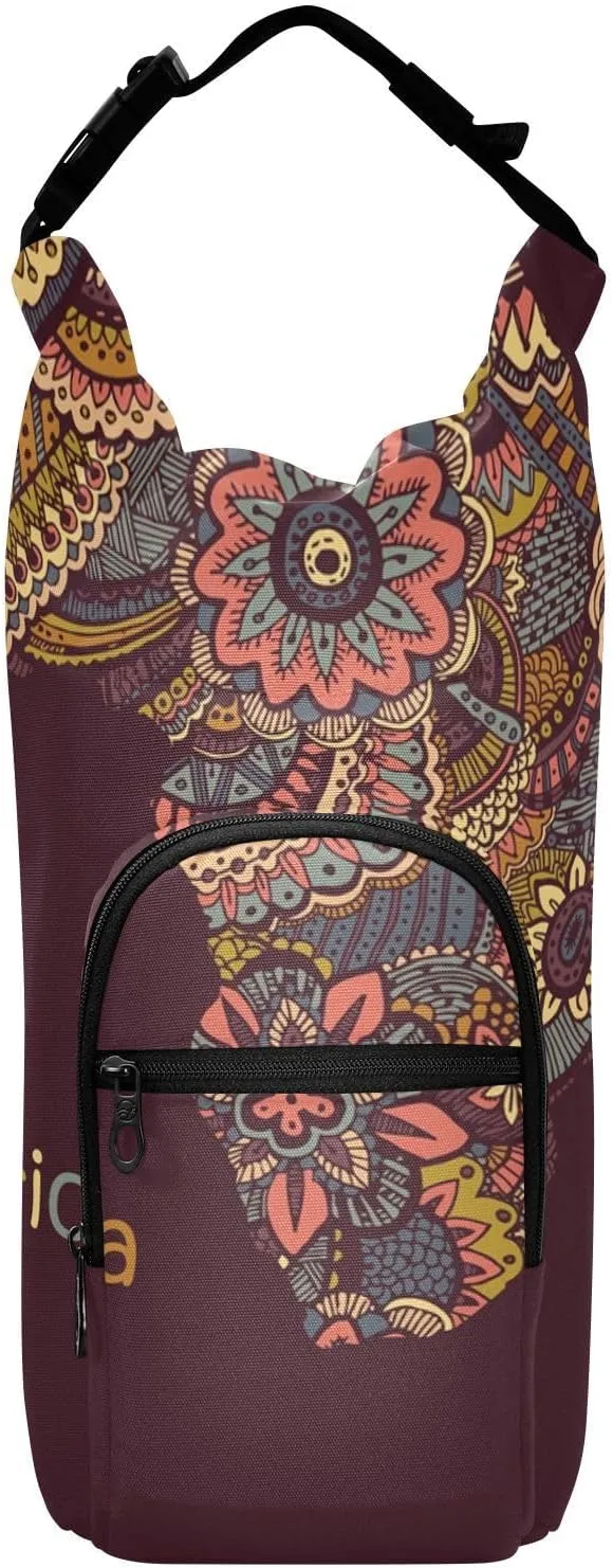 Water Bottle Sling Sleeve Bag, Bottle Carrier Holder Case Cover with Removable Strap Travel Mug Cup Storage with Pockets Print Tribal Enthic Map of Africa Vintage Retro