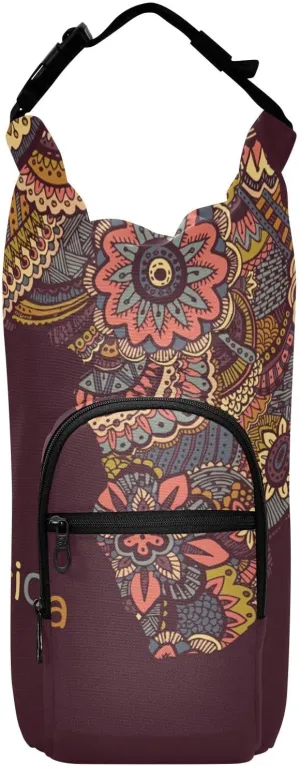 Water Bottle Sling Sleeve Bag, Bottle Carrier Holder Case Cover with Removable Strap Travel Mug Cup Storage with Pockets Print Tribal Enthic Map of Africa Vintage Retro