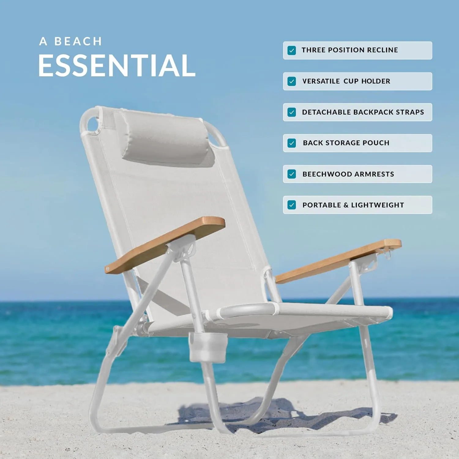Water Buffalo Bondi Beach Chair – Backpack Beach Chair for Adults with Reclining Positions, Cup Holder & High Back Support