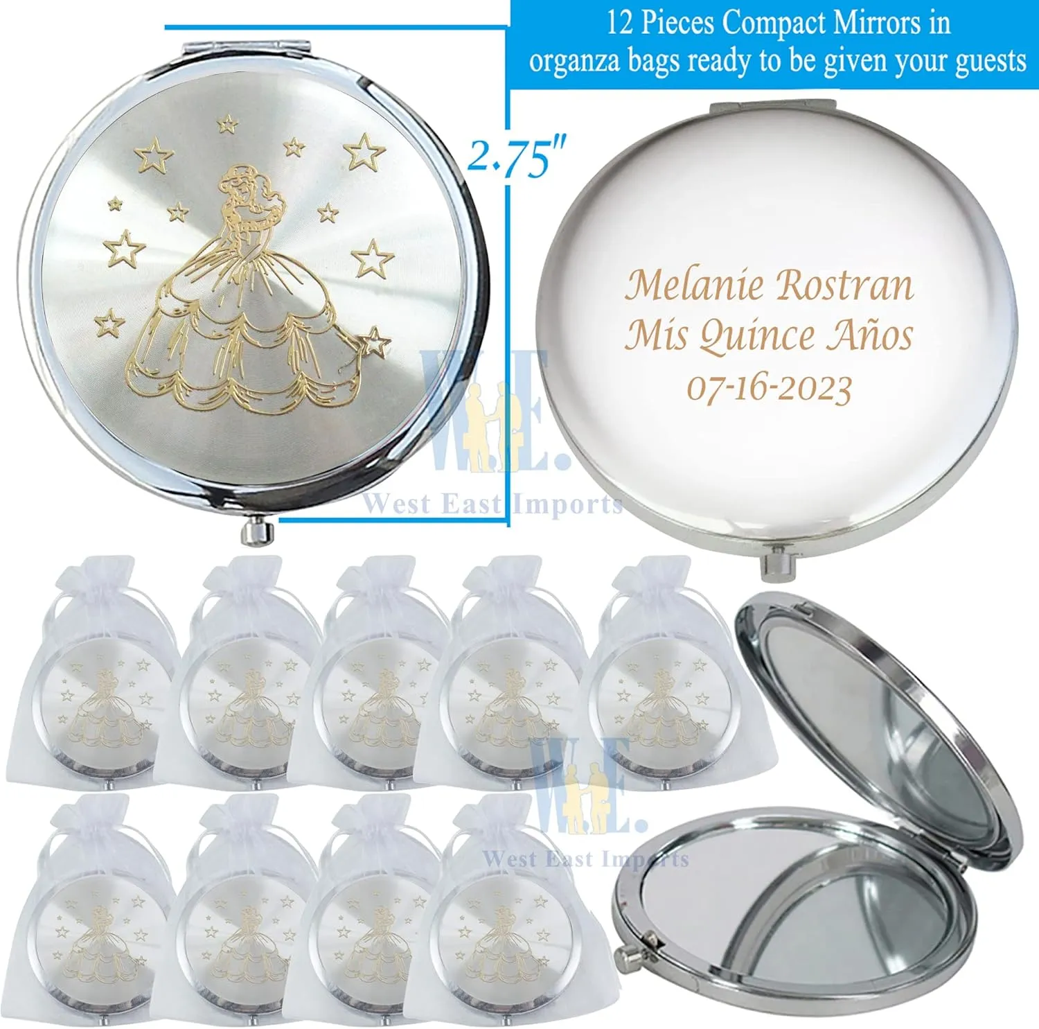WE Mis Quince A?os (12 PCS) Sweet 15, Sweet Sixteen, Quincea?era, Mis 15 A?os Compact Mirror (Silver)