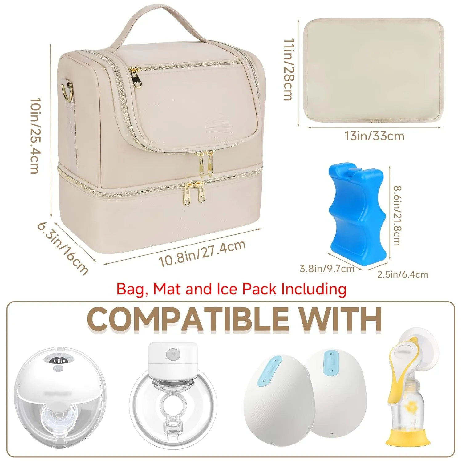 Wearable Breast Pump Bag with Cooler Compartment Fits for Willow/Elvie/Momcozy M5/S12 Pro/Medela, Breast Milk Travel Tote Bag with Ice Pack & Waterproof Mat,Apricot
