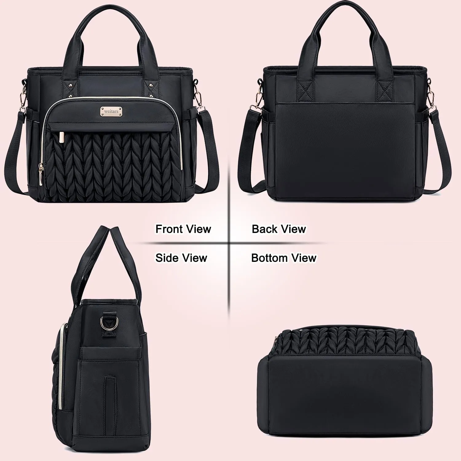 Weitars Insulated Lunch Bag for Women,Leak Proof Lunch Box for Work,Extra Large Lunch Tote Bag With Removable Shoulder Strap with Side Pockets,Reusable Lunch Bag For Picnic Hiking (Black-02)