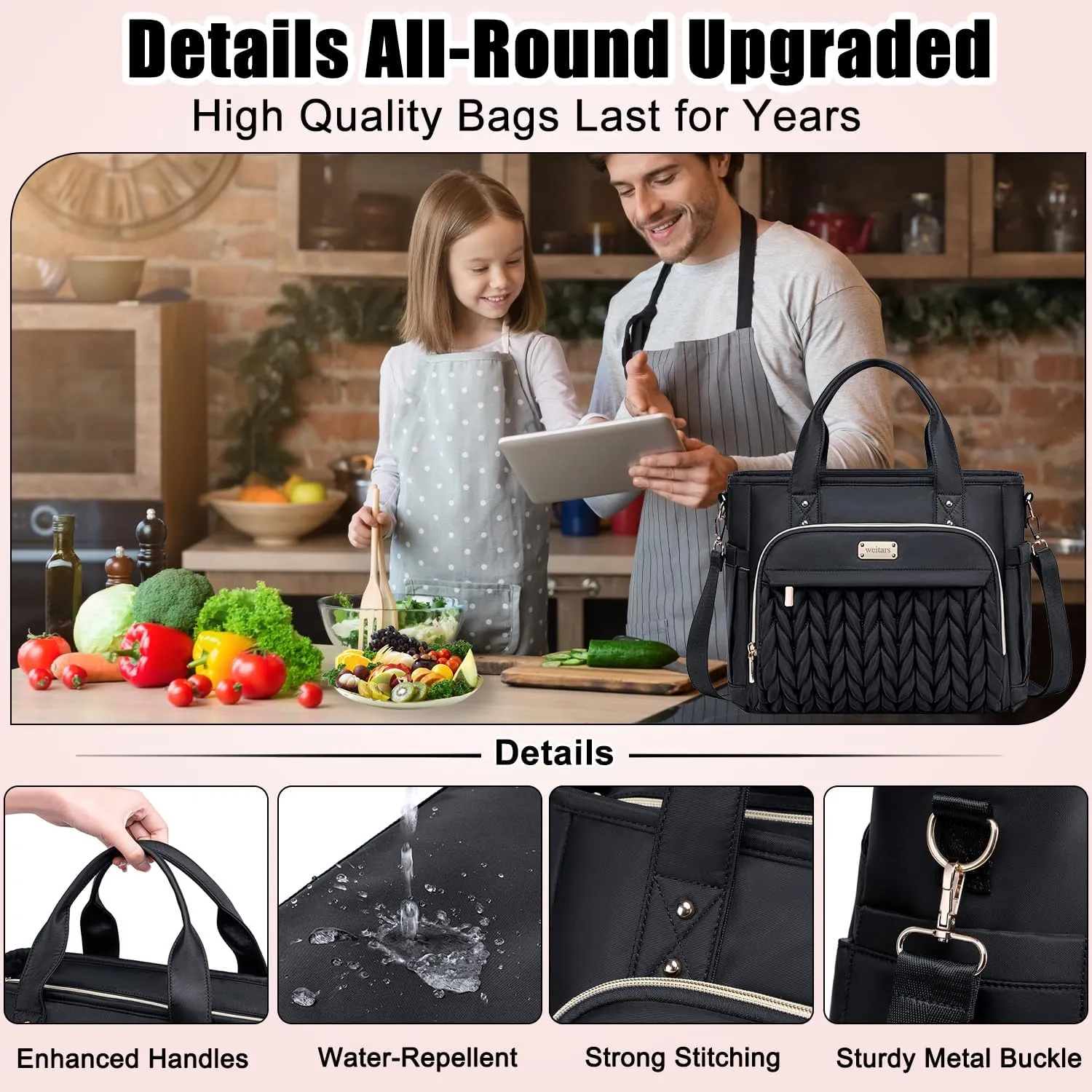 Weitars Insulated Lunch Bag for Women,Leak Proof Lunch Box for Work,Extra Large Lunch Tote Bag With Removable Shoulder Strap with Side Pockets,Reusable Lunch Bag For Picnic Hiking (Black-02)
