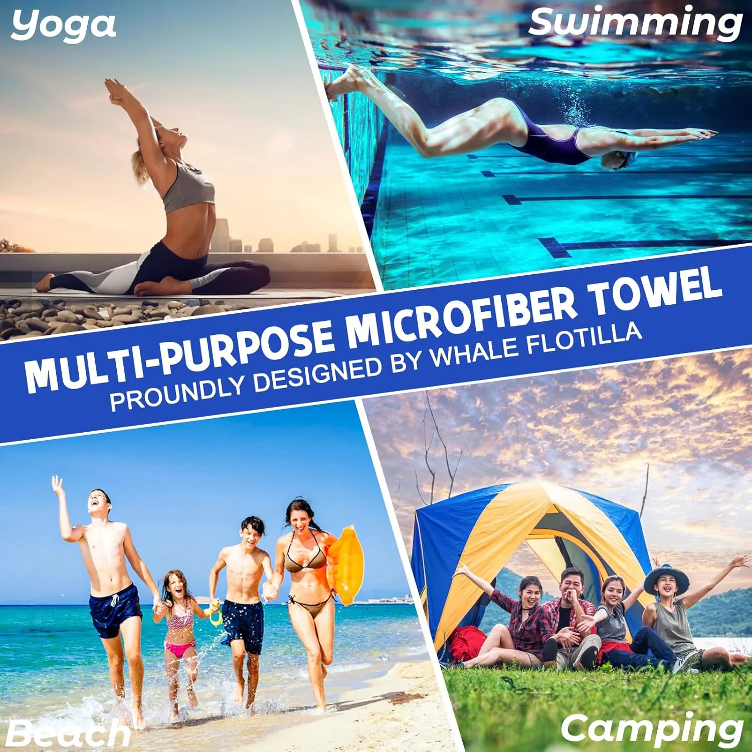 Whale Flotilla 2 Pack Quick Dry Beach Towels Oversized (35"x70"), Microfiber Sand-Free Beach Towel Set, Extra Large Compact Pool Travel Accessories, Blue and Purple