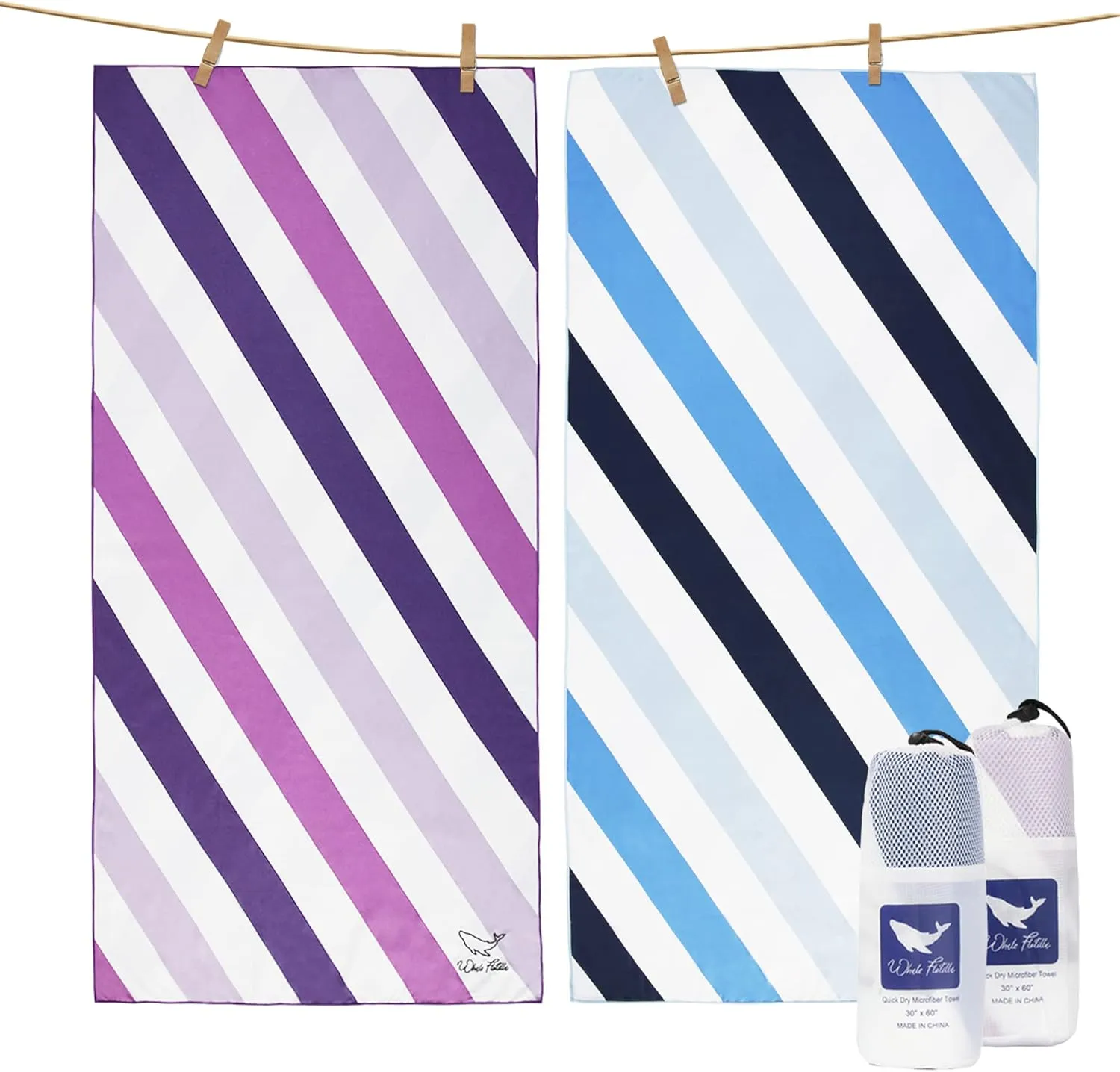 Whale Flotilla 2 Pack Quick Dry Beach Towels Oversized (35"x70"), Microfiber Sand-Free Beach Towel Set, Extra Large Compact Pool Travel Accessories, Blue and Purple