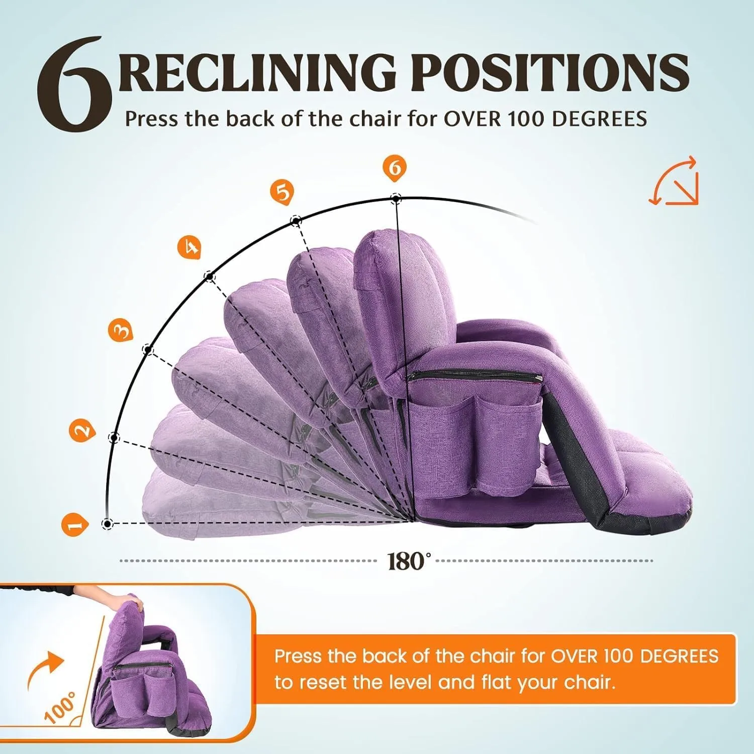 Wide Stadium Seats with Back Support, Bleacher Chairs with Comfy Cushion, 6 Reclining Positions, Portable Stadium Chair Bleacher Seat with Armrests for Outdoor Sport Events, Camping, Beaches (Purple)