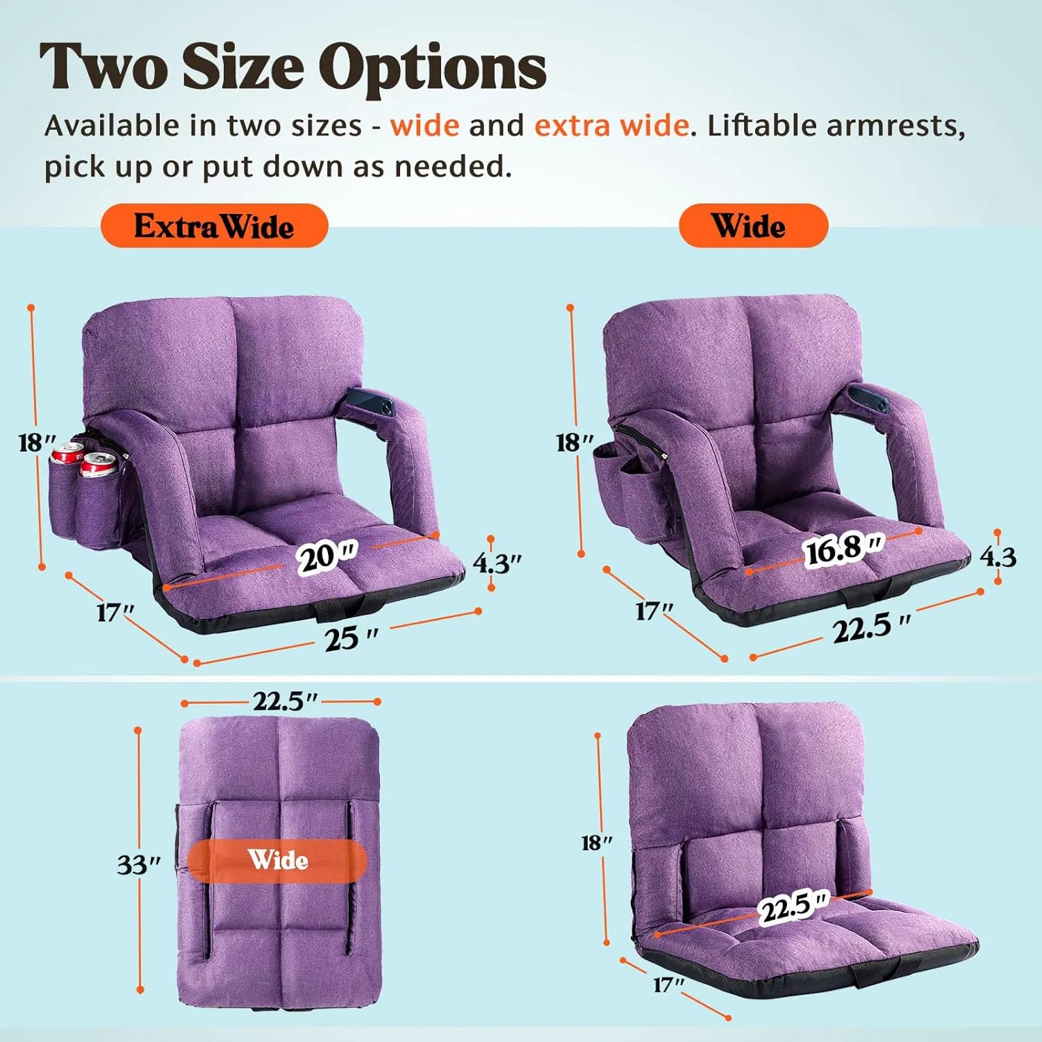 Wide Stadium Seats with Back Support, Bleacher Chairs with Comfy Cushion, 6 Reclining Positions, Portable Stadium Chair Bleacher Seat with Armrests for Outdoor Sport Events, Camping, Beaches (Purple)