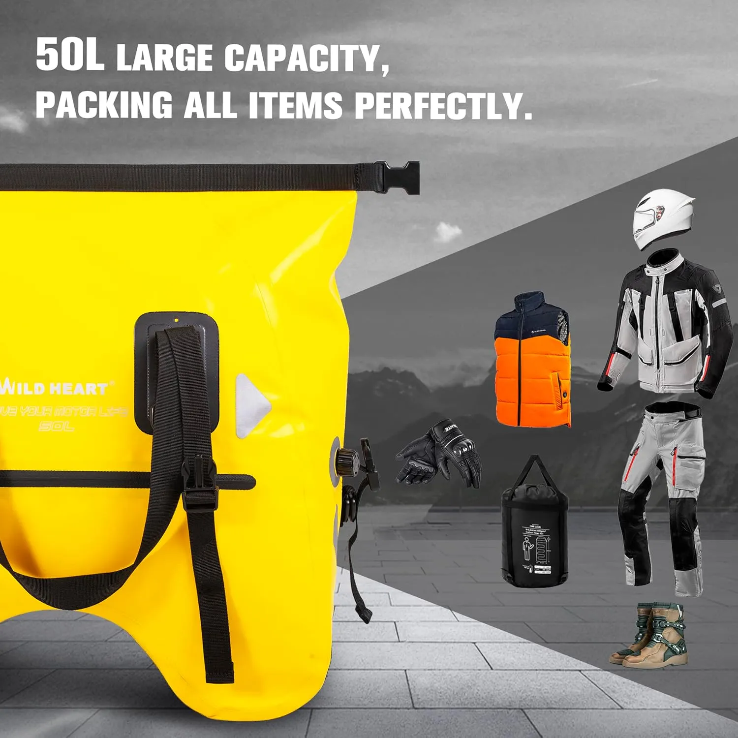 WILD HEART Dry Motorcycle Tail bag 70L/50L With Rope Straps and Inner Pocket Waterproof PVC 500D for Travel,Motorcycle and so on