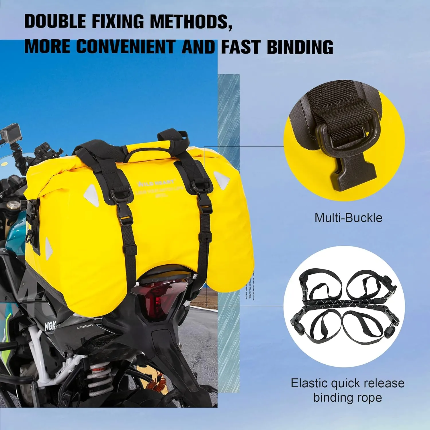 WILD HEART Dry Motorcycle Tail bag 70L/50L With Rope Straps and Inner Pocket Waterproof PVC 500D for Travel,Motorcycle and so on
