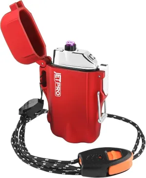 Windproof Lighter Dual Arc Plasma Lighter Rechargeable Lighter Flameless with Survival Emergency Whistle and Lanyard (Red)