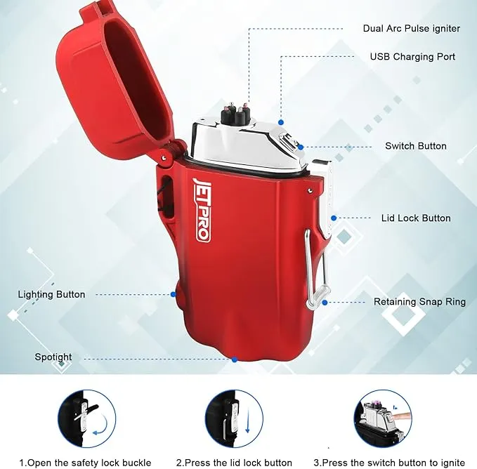 Windproof Lighter Dual Arc Plasma Lighter Rechargeable Lighter Flameless with Survival Emergency Whistle and Lanyard (Red)