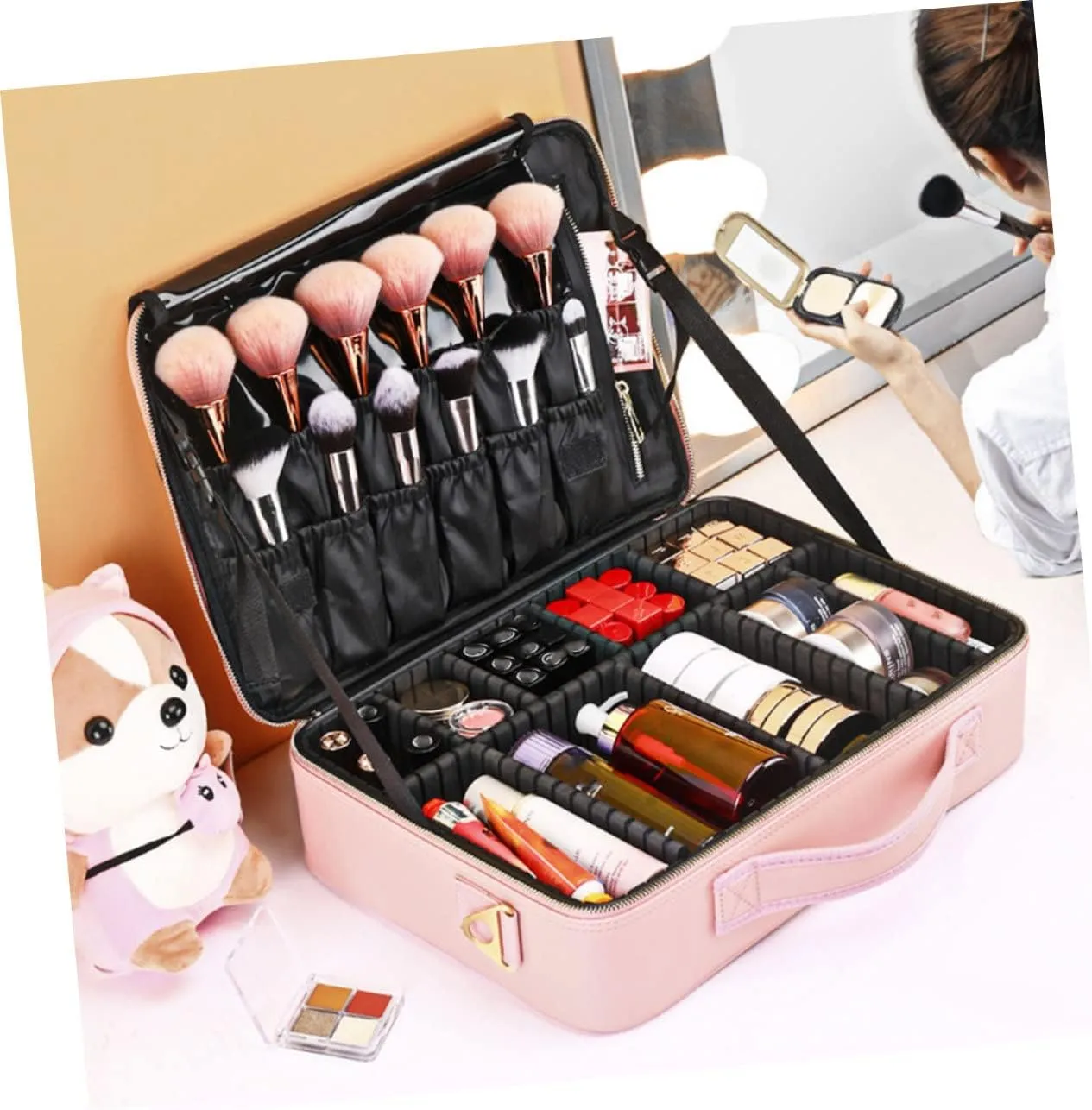 with Toiletry Leather Barber Organizer Bag Adjustable Makeup Storage Pu Compartments Cosmetics, Pink, 26x23cm