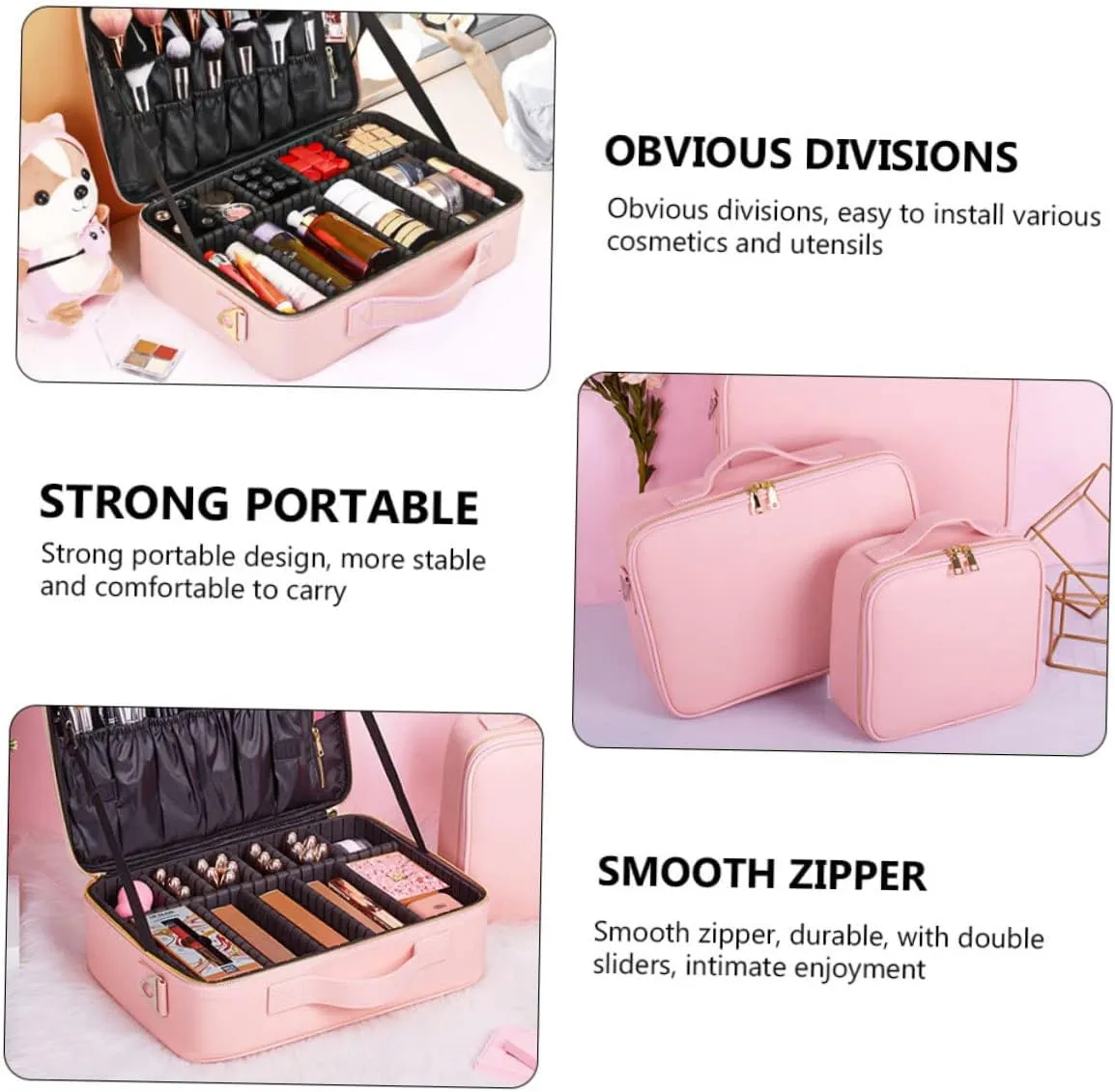 with Toiletry Leather Barber Organizer Bag Adjustable Makeup Storage Pu Compartments Cosmetics, Pink, 26x23cm