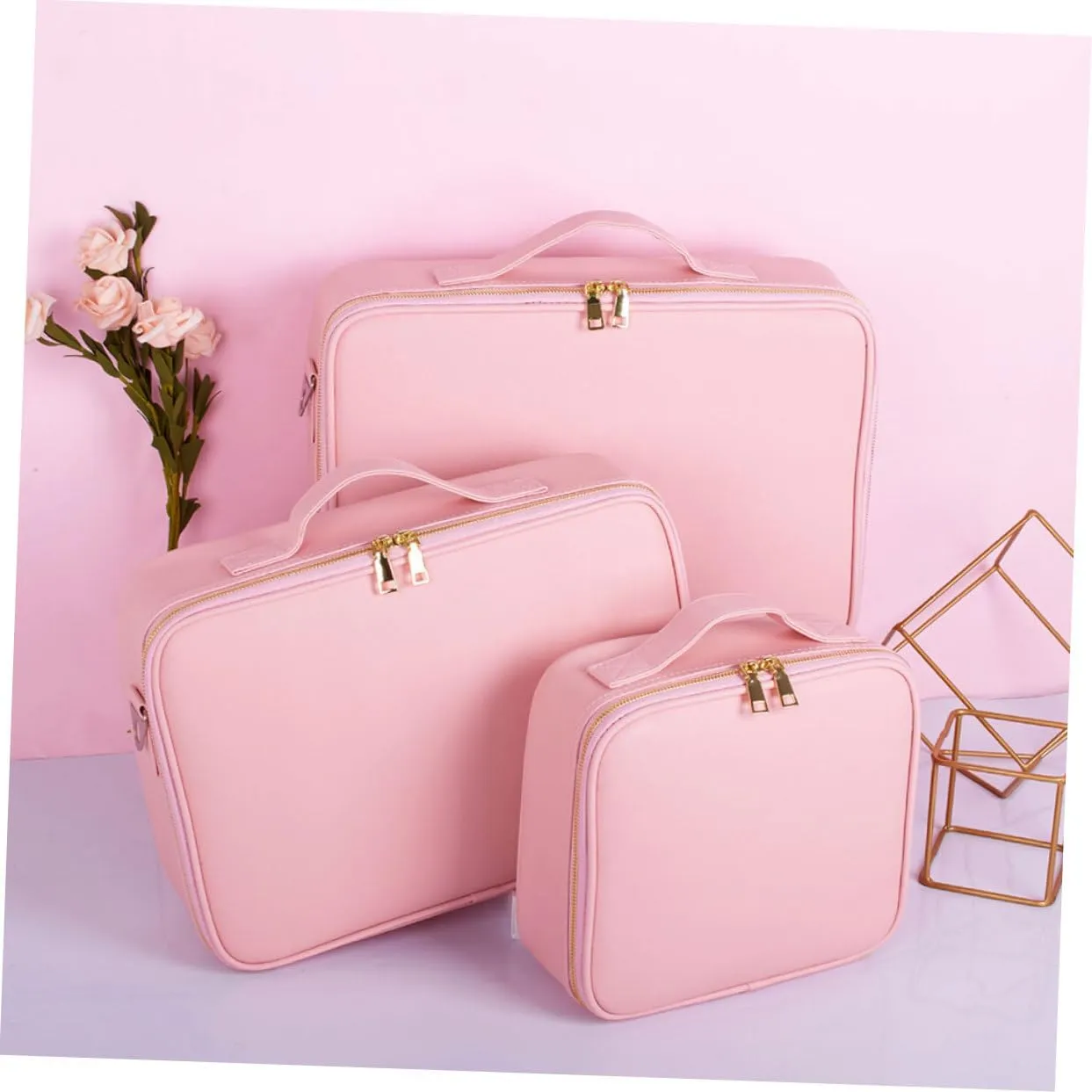with Toiletry Leather Barber Organizer Bag Adjustable Makeup Storage Pu Compartments Cosmetics, Pink, 26x23cm
