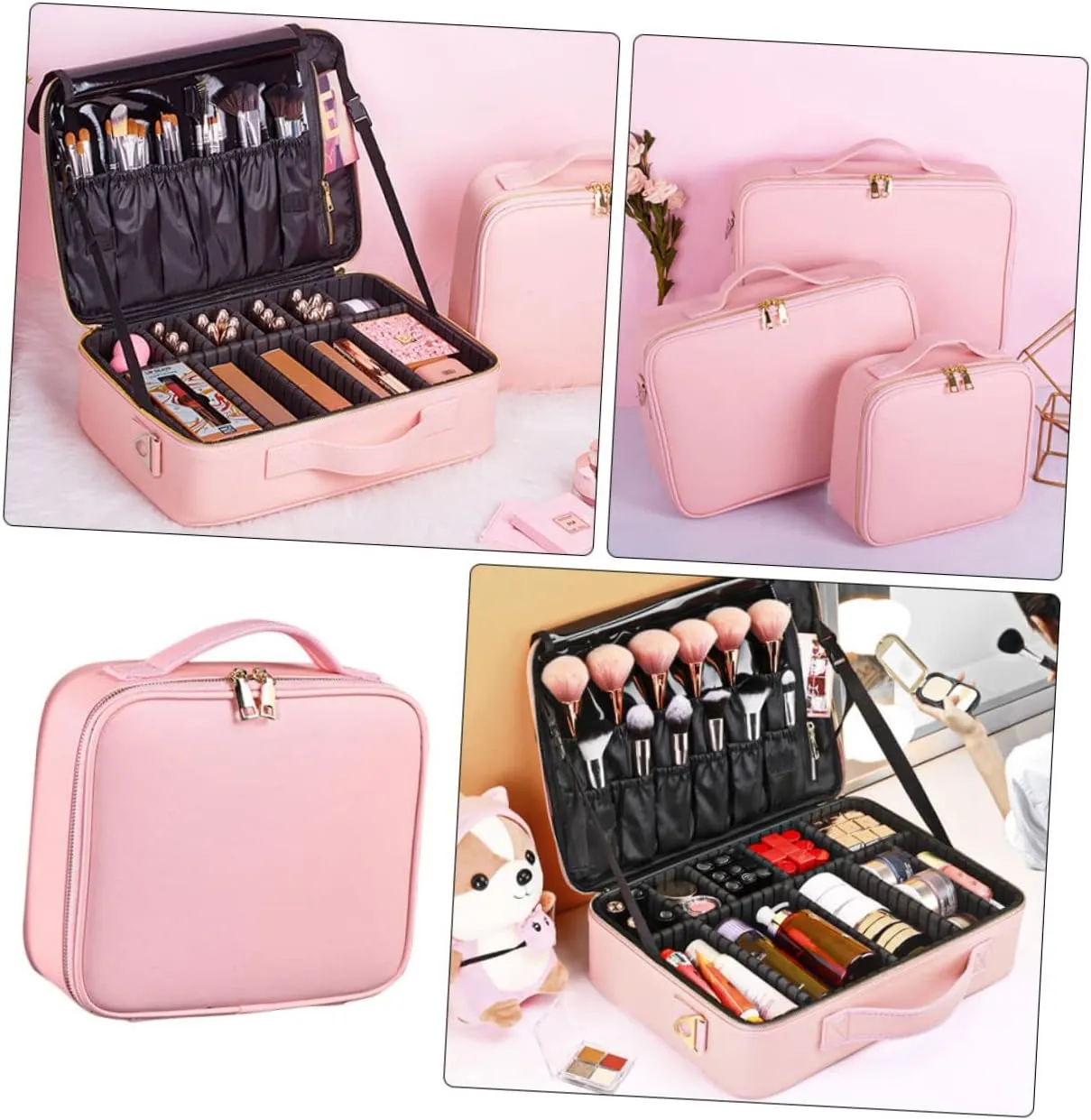 with Toiletry Leather Barber Organizer Bag Adjustable Makeup Storage Pu Compartments Cosmetics, Pink, 26x23cm