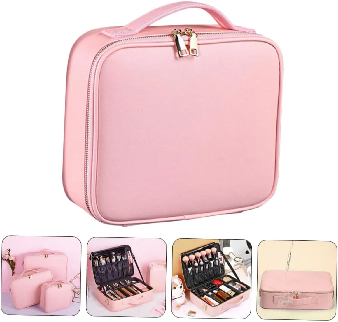 with Toiletry Leather Barber Organizer Bag Adjustable Makeup Storage Pu Compartments Cosmetics, Pink, 26x23cm