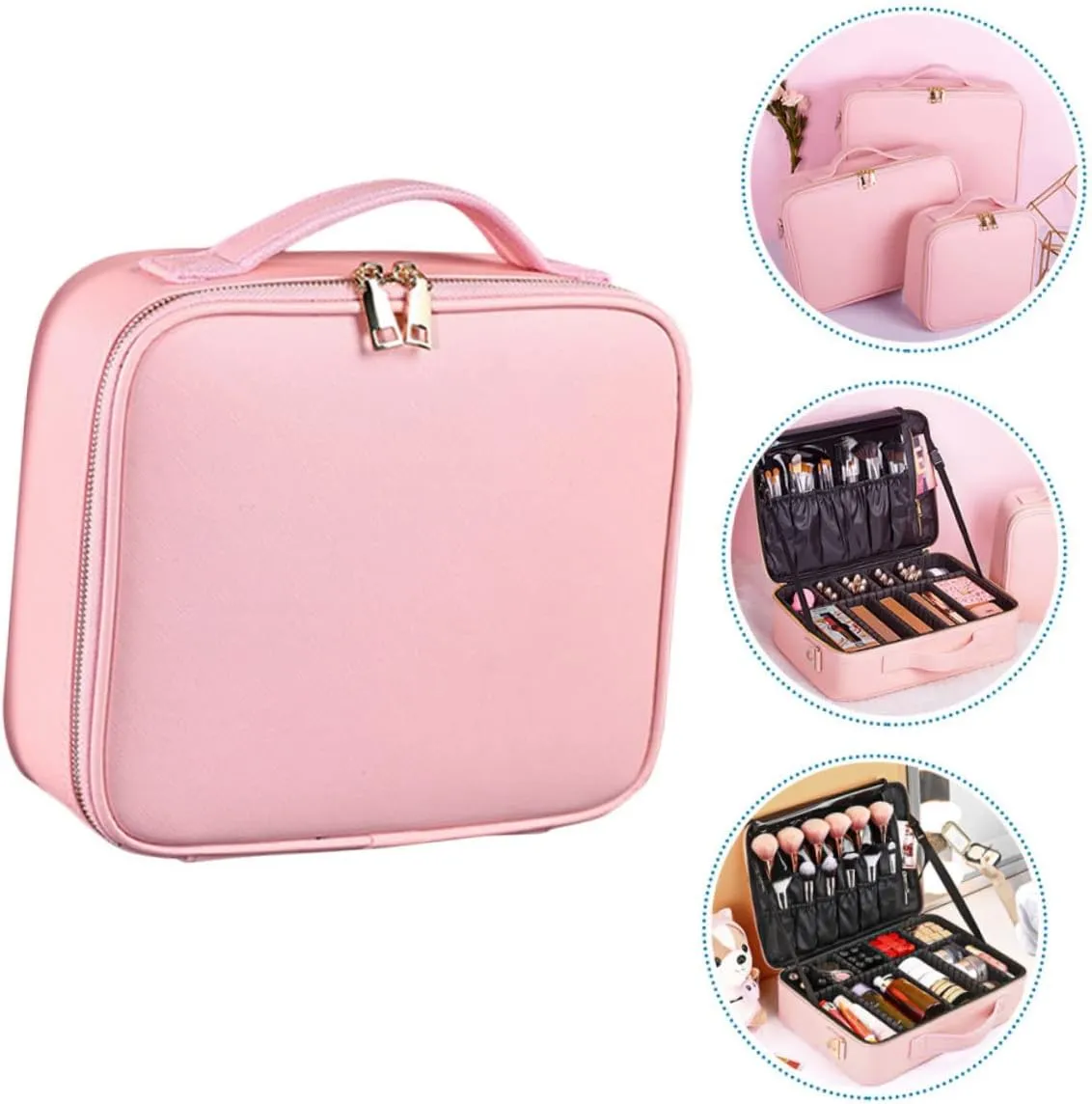 with Toiletry Leather Barber Organizer Bag Adjustable Makeup Storage Pu Compartments Cosmetics, Pink, 26x23cm