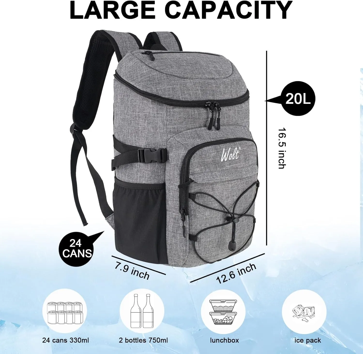 WOLT Cooler Backpack,24 Cans Insulated Backpack Cooler Leakproof,Lightweight Soft Cooler Bag,Camping Cooler,Large Capacity Beach Cooler,Waterproof Travel Cooler Lunch Backpack for Hiking
