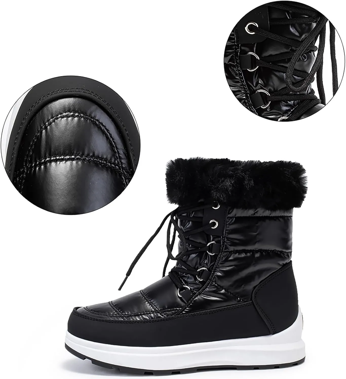Women's Lace Up Fur Winter Flat Snow Boots Cold Weather Outdoor Faux Fur Lined Warm Waterproof Boot, Lace Up Round Head Plush Lined Chunky Heel Thermal Snow Boots