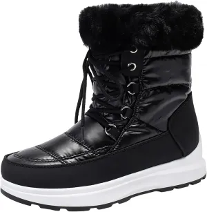 Women's Lace Up Fur Winter Flat Snow Boots Cold Weather Outdoor Faux Fur Lined Warm Waterproof Boot, Lace Up Round Head Plush Lined Chunky Heel Thermal Snow Boots