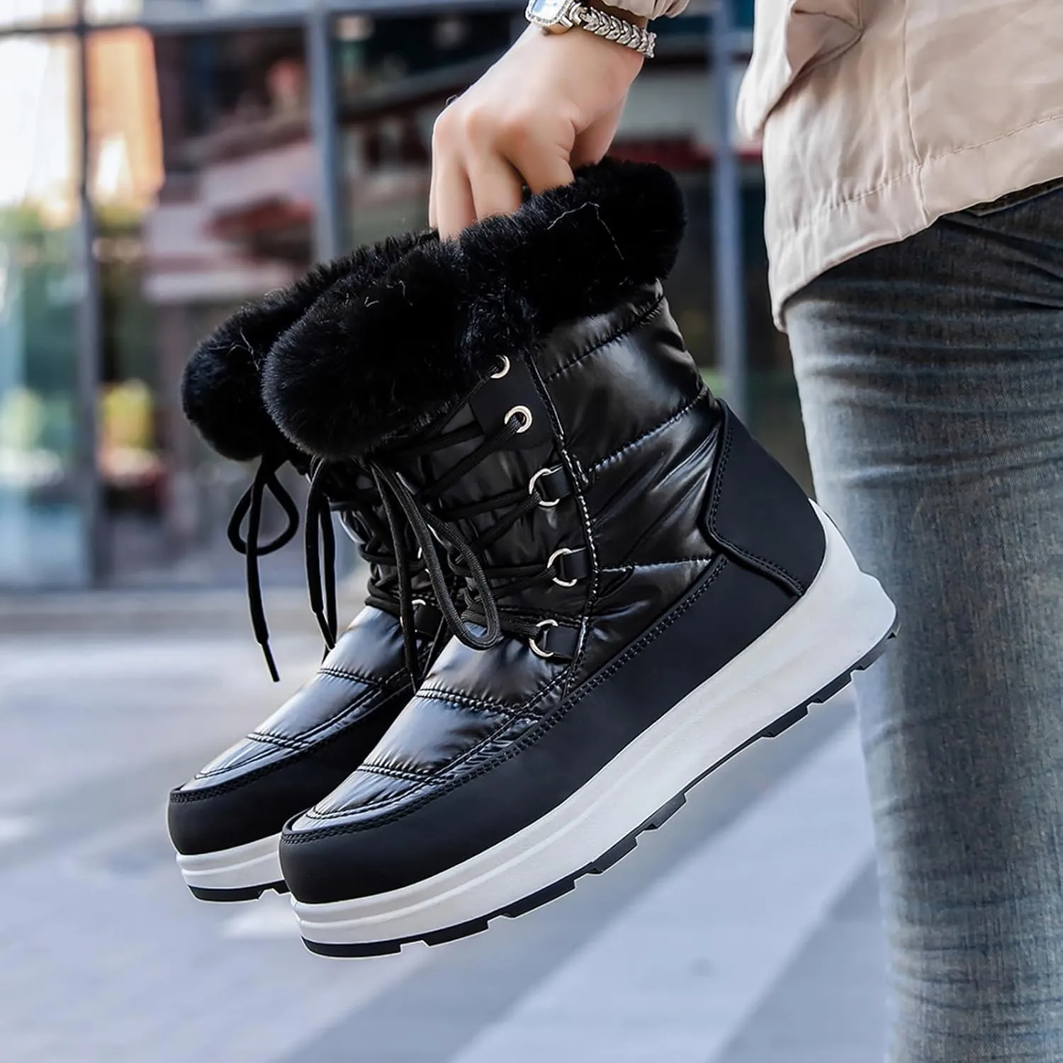 Women's Lace Up Fur Winter Flat Snow Boots Cold Weather Outdoor Faux Fur Lined Warm Waterproof Boot, Lace Up Round Head Plush Lined Chunky Heel Thermal Snow Boots
