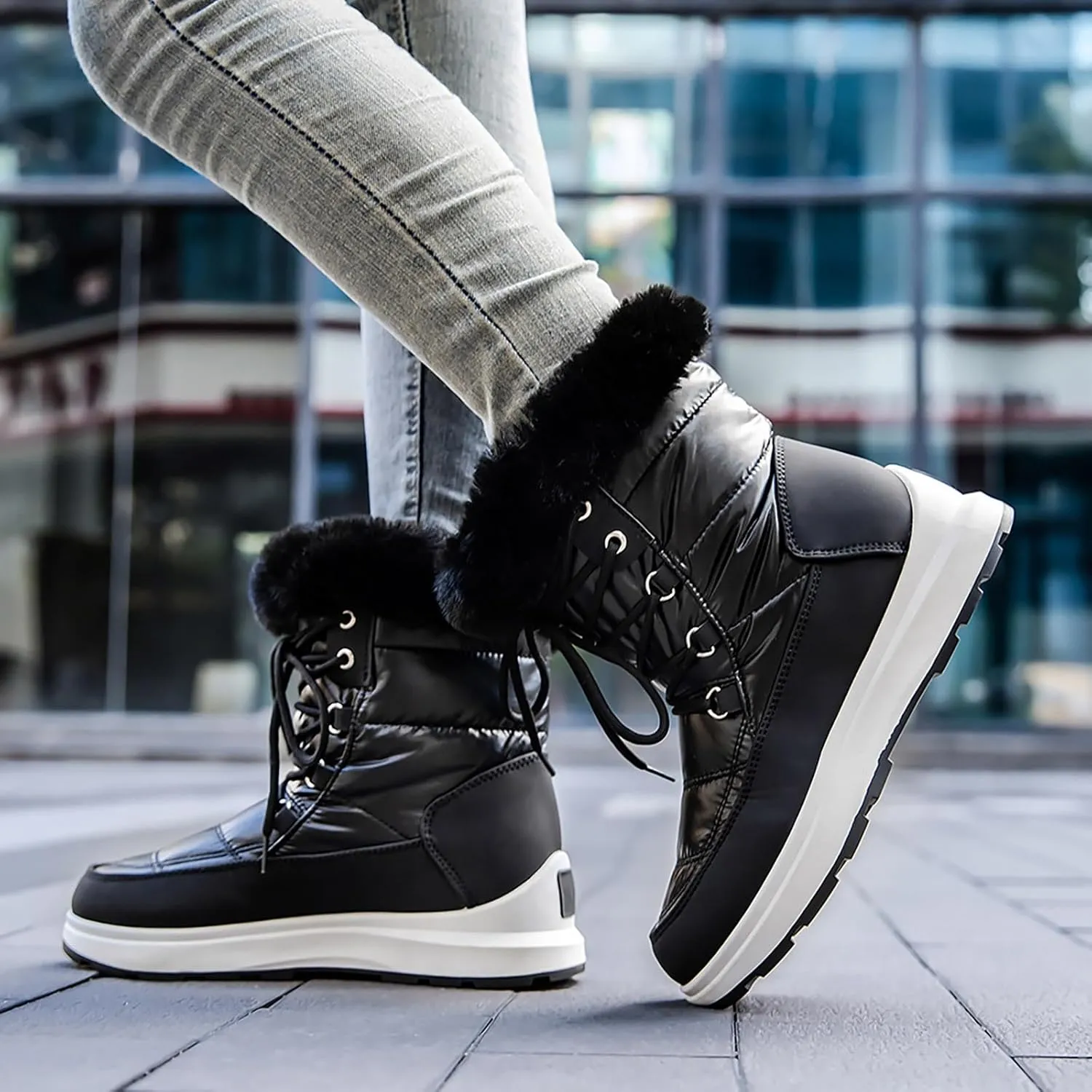 Women's Lace Up Fur Winter Flat Snow Boots Cold Weather Outdoor Faux Fur Lined Warm Waterproof Boot, Lace Up Round Head Plush Lined Chunky Heel Thermal Snow Boots