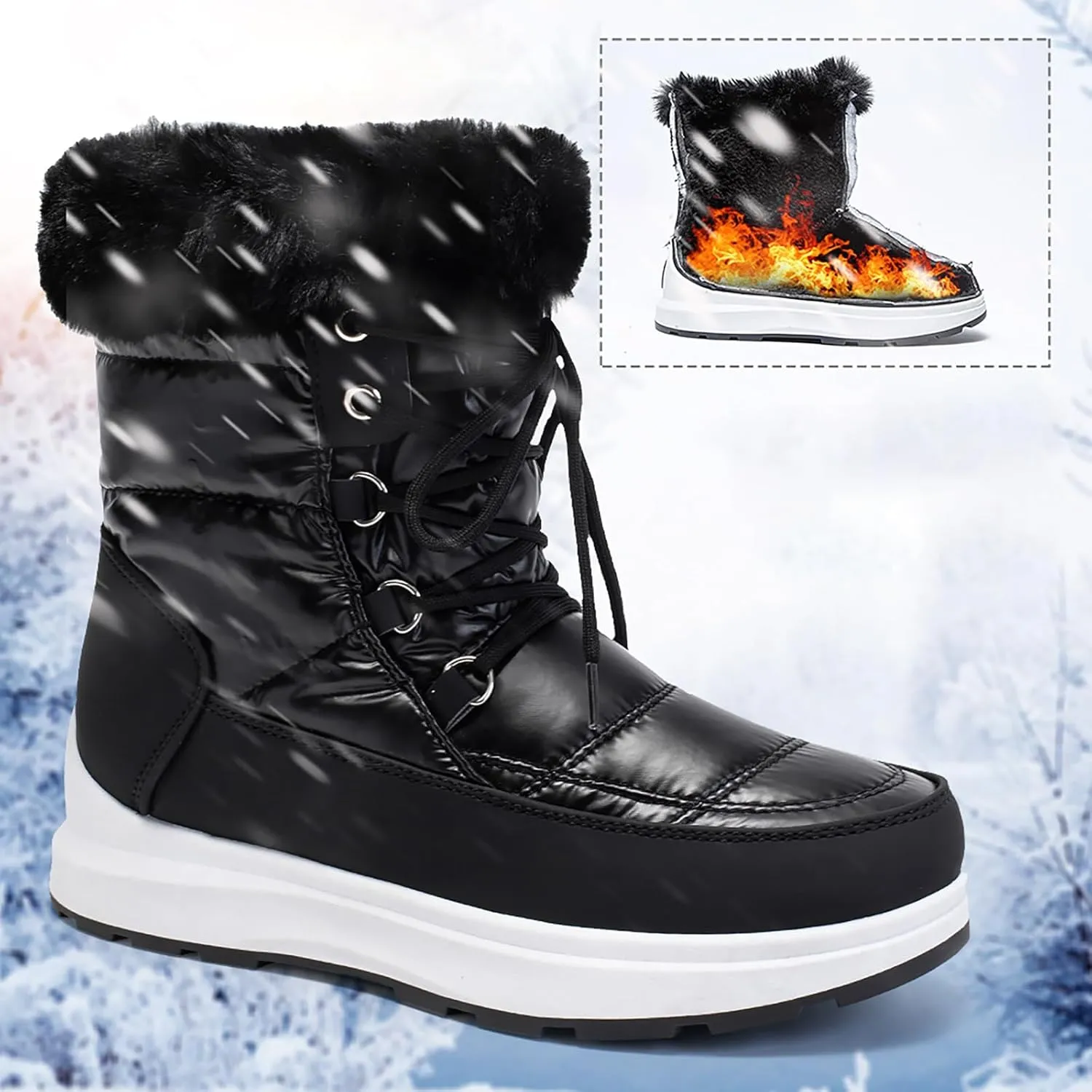 Women's Lace Up Fur Winter Flat Snow Boots Cold Weather Outdoor Faux Fur Lined Warm Waterproof Boot, Lace Up Round Head Plush Lined Chunky Heel Thermal Snow Boots