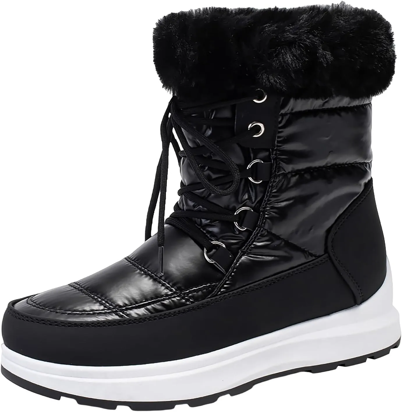 Women's Lace Up Fur Winter Flat Snow Boots Cold Weather Outdoor Faux Fur Lined Warm Waterproof Boot, Lace Up Round Head Plush Lined Chunky Heel Thermal Snow Boots
