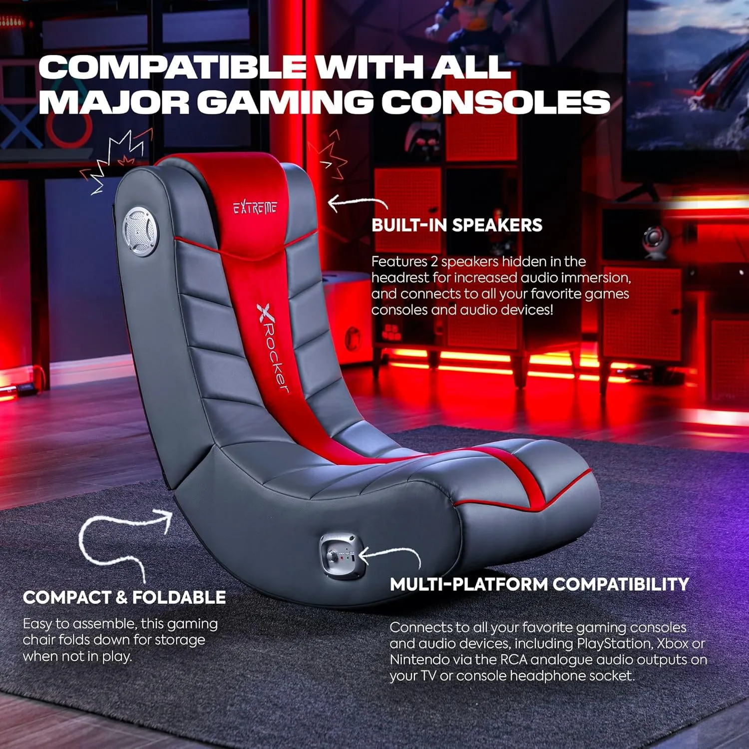 X Rocker Video Gaming Floor Rocker Chair, Built-in Audio Speakers, Foldable for Bedroom or Game Room, Gifts for Gamers, Boys Girls Teens 5-17