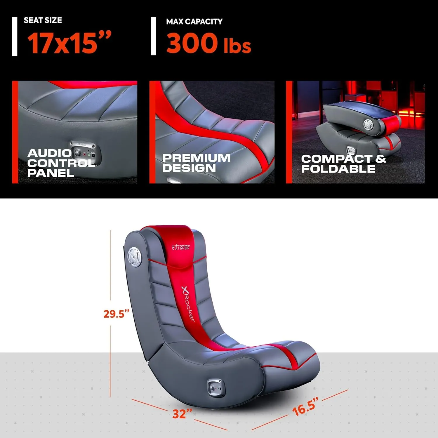 X Rocker Video Gaming Floor Rocker Chair, Built-in Audio Speakers, Foldable for Bedroom or Game Room, Gifts for Gamers, Boys Girls Teens 5-17