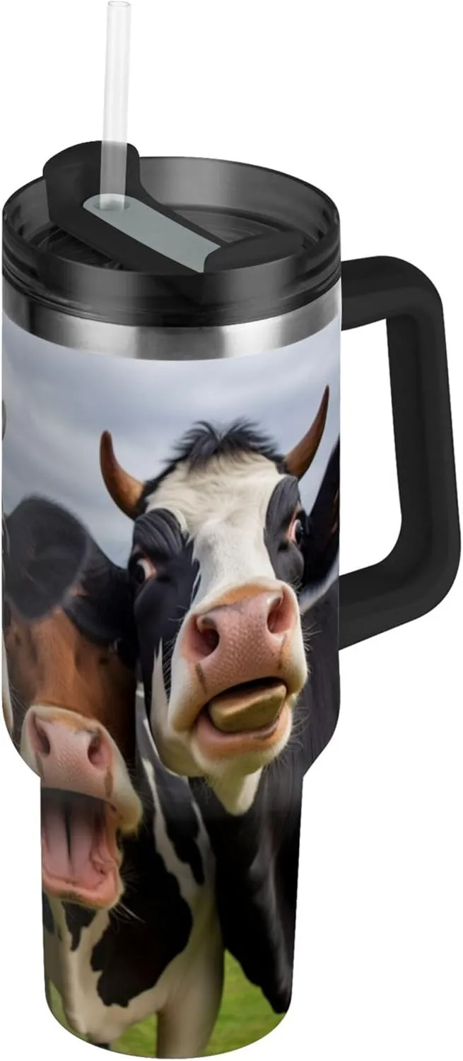 xigua 30 oz Cows Standing Tumbler with Handle and Straw Lid, Stainless Steel Vacuum Insulated Sports Water Bottle, Keeps Cold or Hot Coffee Cup Travel Mug