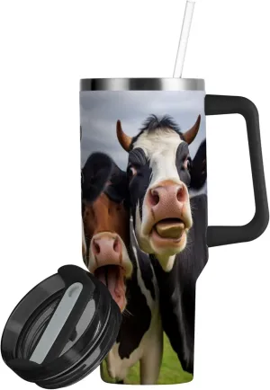 xigua 30 oz Cows Standing Tumbler with Handle and Straw Lid, Stainless Steel Vacuum Insulated Sports Water Bottle, Keeps Cold or Hot Coffee Cup Travel Mug