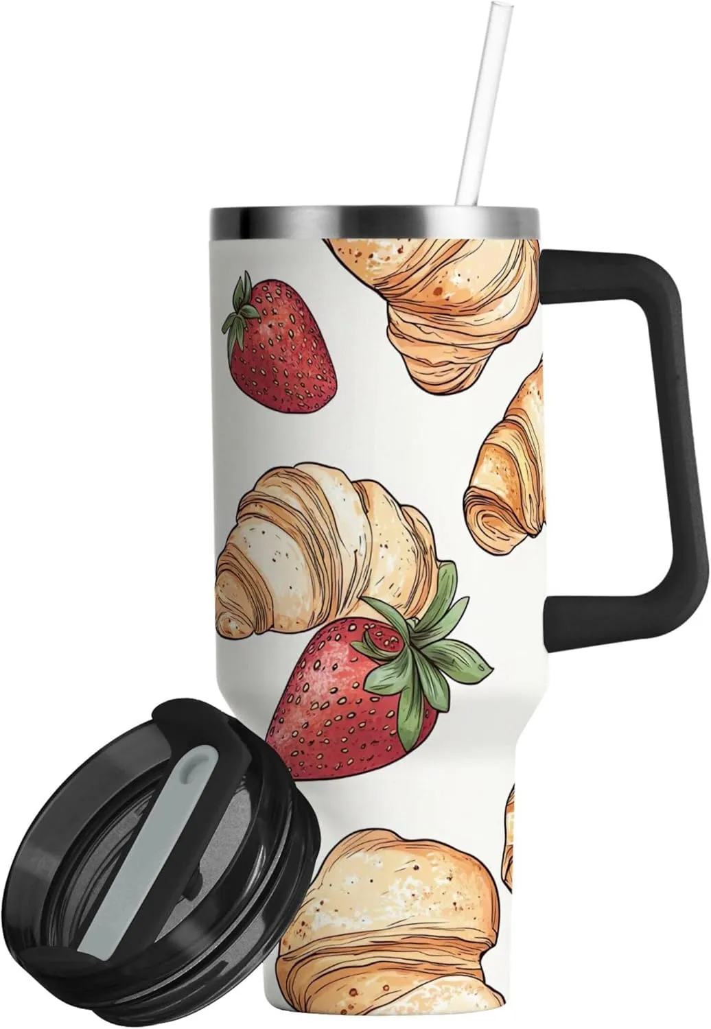 xigua 30 oz Croissants and Strawberries Tumbler with Handle and Straw Lid, Stainless Steel Vacuum Insulated Sports Water Bottle, Keeps Cold or Hot Coffee Cup Travel Mug