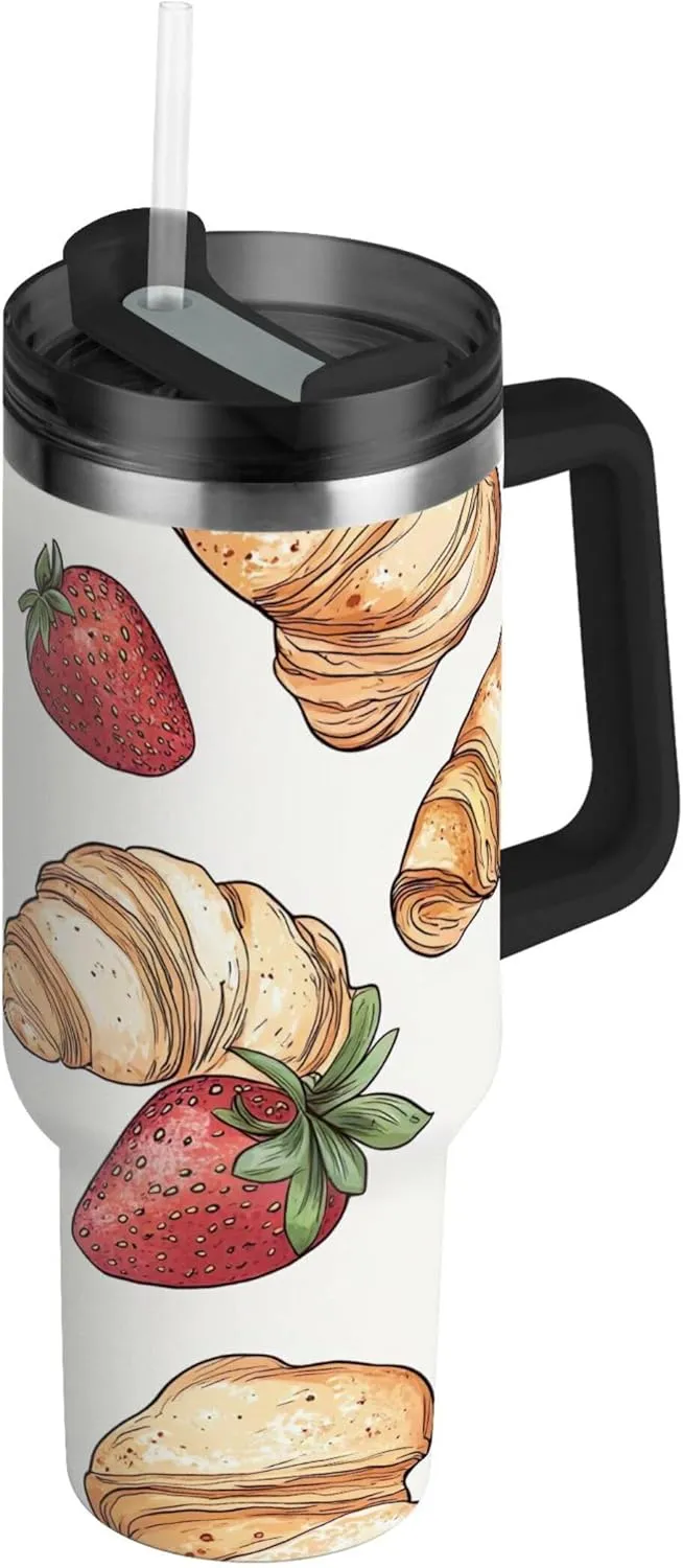 xigua 30 oz Croissants and Strawberries Tumbler with Handle and Straw Lid, Stainless Steel Vacuum Insulated Sports Water Bottle, Keeps Cold or Hot Coffee Cup Travel Mug