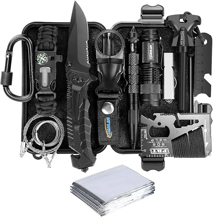XUANLAN Emergency Survival Kit, Outdoor Survival Gear Tool with Survival Bracelet, Fire Starter, Whistle, Wood Cutter, Water Bottle Clip, Pen
