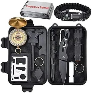 XUANLAN Emergency Survival Kit, Outdoor Survival Gear Tool with Survival Bracelet, Fire Starter, Whistle, Wood Cutter, Water Bottle Clip, Pen