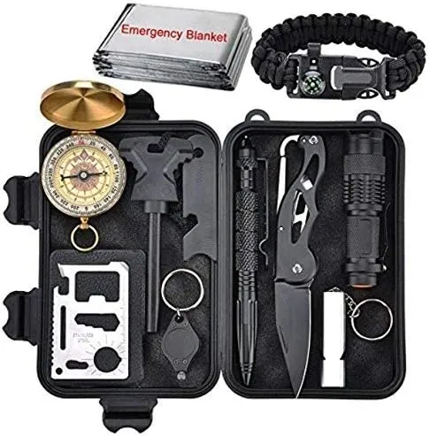 XUANLAN Emergency Survival Kit, Outdoor Survival Gear Tool with Survival Bracelet, Fire Starter, Whistle, Wood Cutter, Water Bottle Clip, Pen