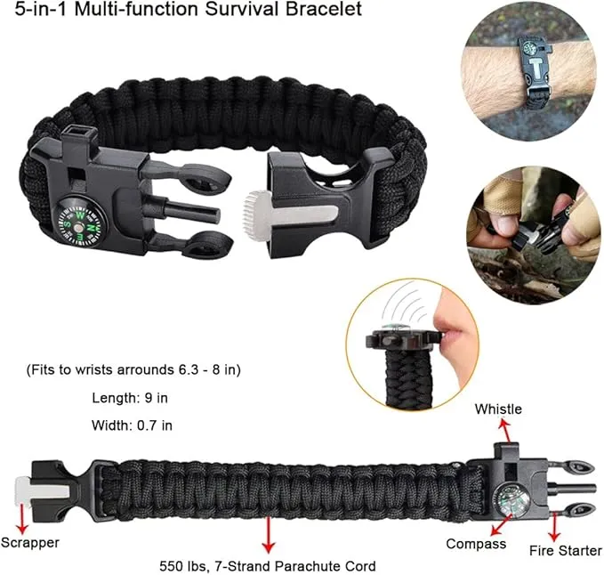XUANLAN Emergency Survival Kit, Outdoor Survival Gear Tool with Survival Bracelet, Fire Starter, Whistle, Wood Cutter, Water Bottle Clip, Pen