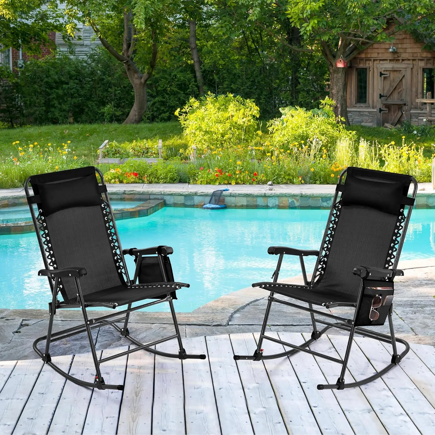 Yaheetech 26in Rocking Chair Outdoor Zero Gravity Folding Chairs Rocking Chairs Foldable Outdoor Lounge Chair for Outside Lawn with Cupholder/Pillow Ergonomic Design for Rest, Black, Set of 2