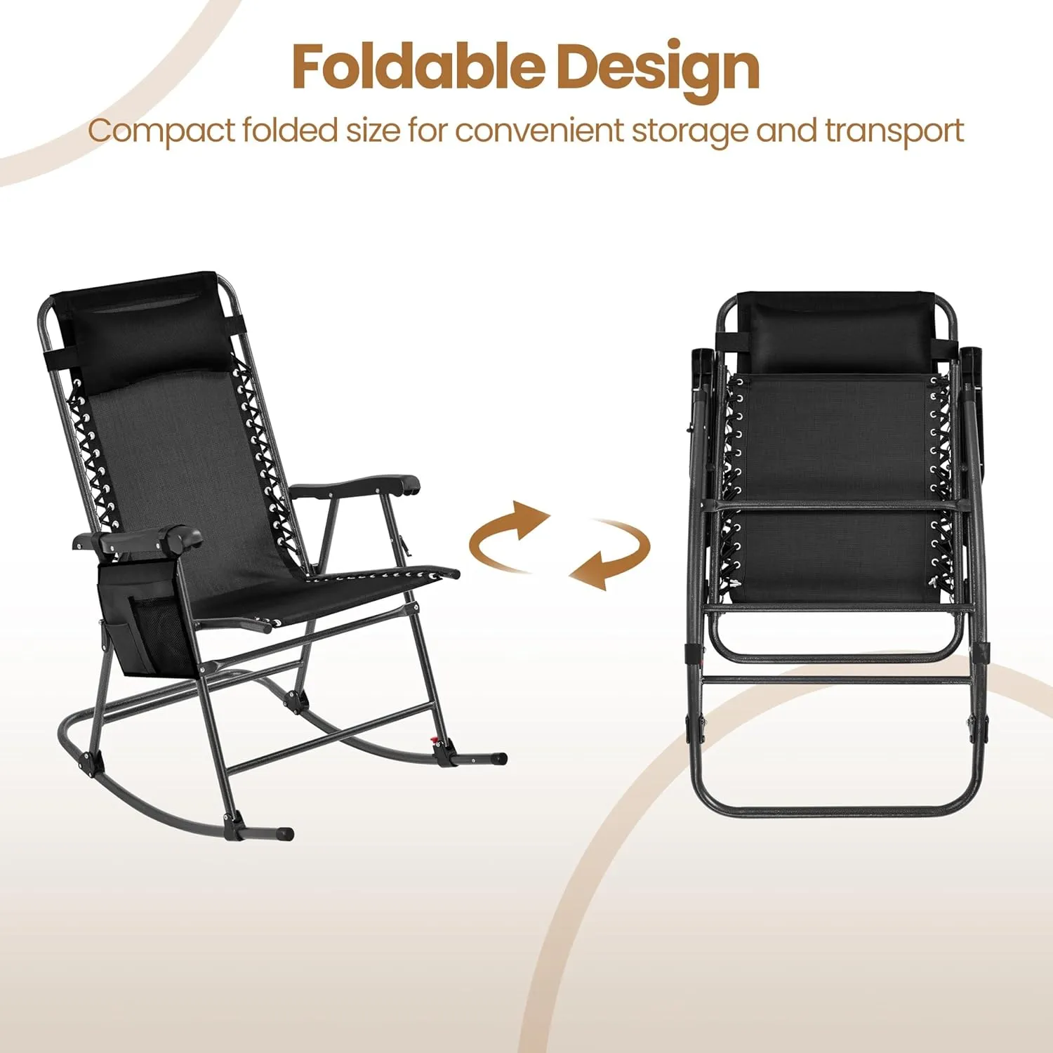 Yaheetech 26in Rocking Chair Outdoor Zero Gravity Folding Chairs Rocking Chairs Foldable Outdoor Lounge Chair for Outside Lawn with Cupholder/Pillow Ergonomic Design for Rest, Black, Set of 2