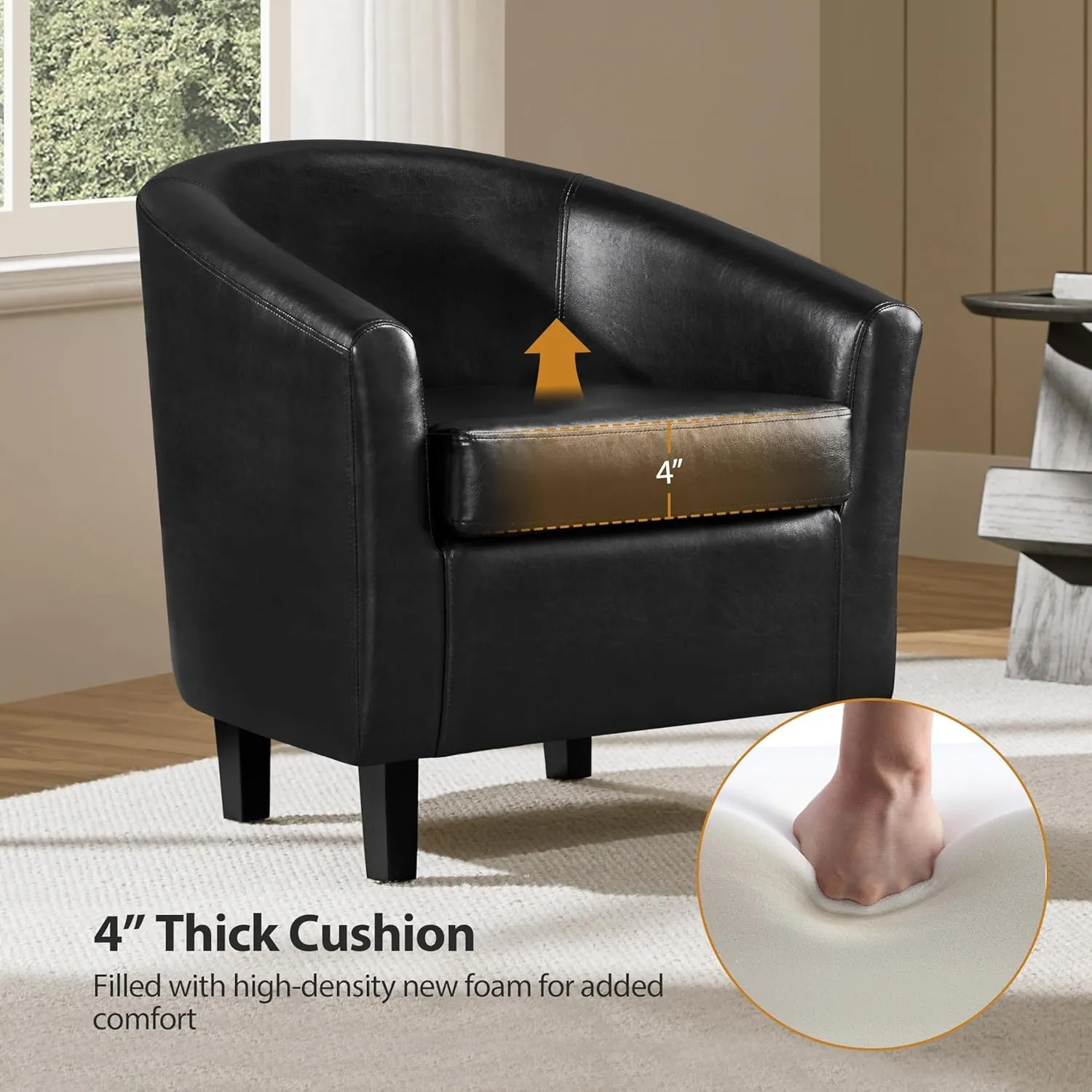 Yaheetech Barrel Chair, Faux Leather Accent Chair, Leather Armchair Club Chair with Soft Padded and Sturdy Legs for Living Room/Bedroom/Study/Waiting Room, Black
