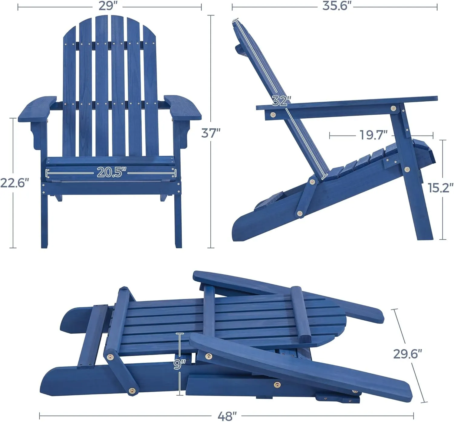 Yaheetech Folding Adirondack Chair Set of 2 Outdoor, 300LBS Solid Wood Garden Chair Weather Resistant, Fire Pit Lounge Chairs for Garden/Yard/Patio/Lawn, Blue