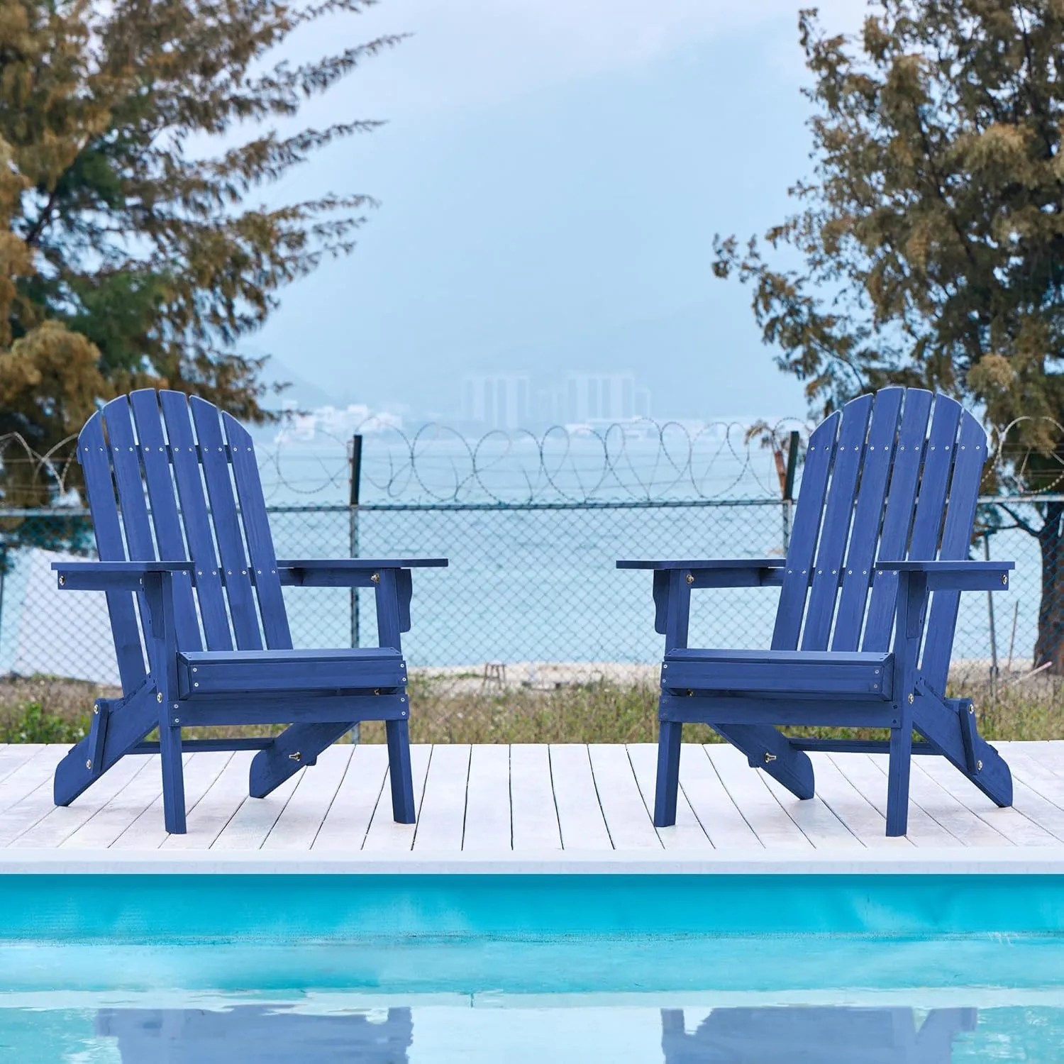 Yaheetech Folding Adirondack Chair Set of 2 Outdoor, 300LBS Solid Wood Garden Chair Weather Resistant, Fire Pit Lounge Chairs for Garden/Yard/Patio/Lawn, Blue