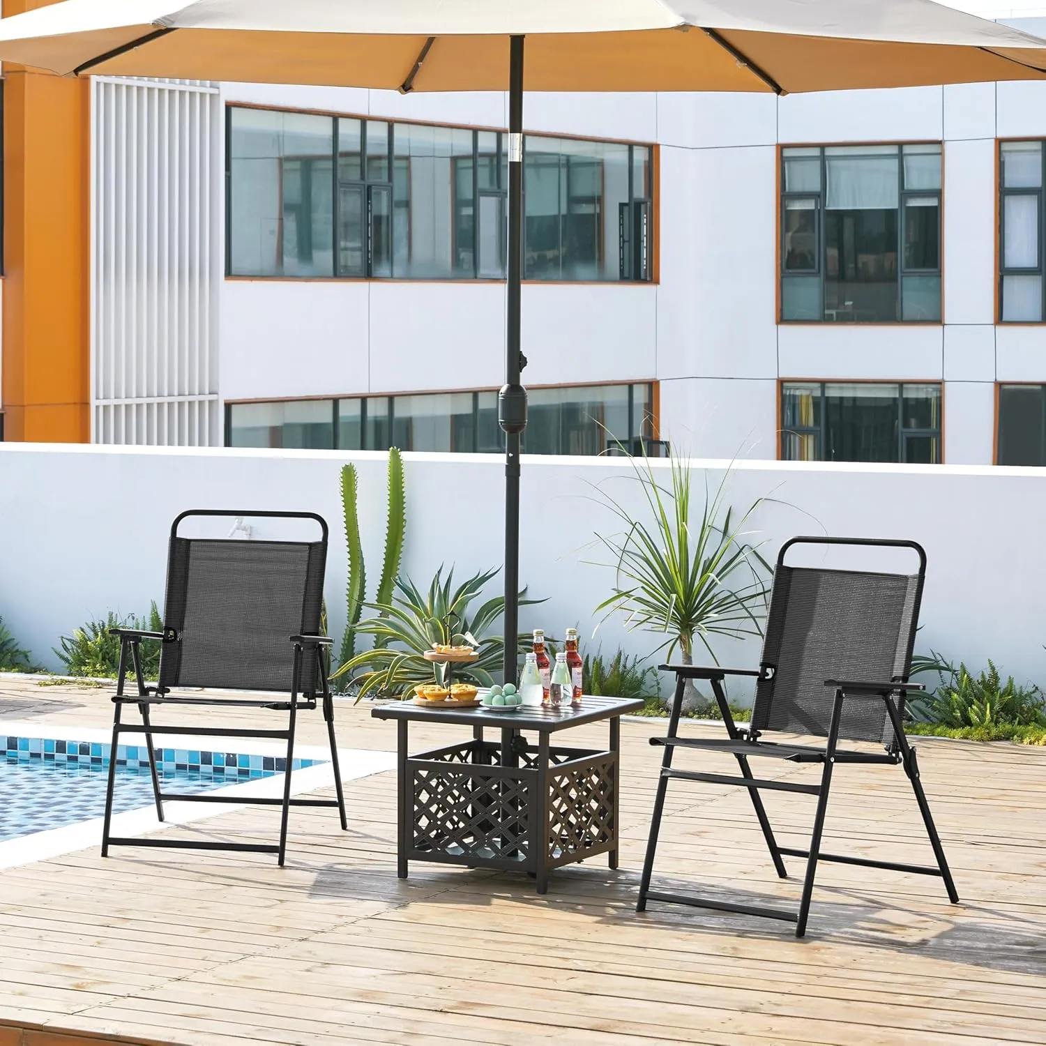 Yaheetech Outdoor Patio Chairs Set of 2, Folding Patio Chairs with Metal Frame, Armrests, Portable Dining Chairs for Camping, Lawn, Garden and Porch, Black