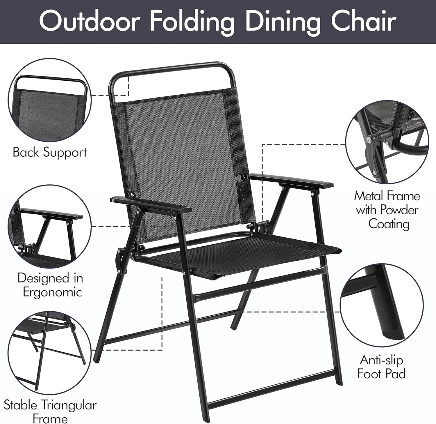 Yaheetech Outdoor Patio Chairs Set of 2, Folding Patio Chairs with Metal Frame, Armrests, Portable Dining Chairs for Camping, Lawn, Garden and Porch, Black