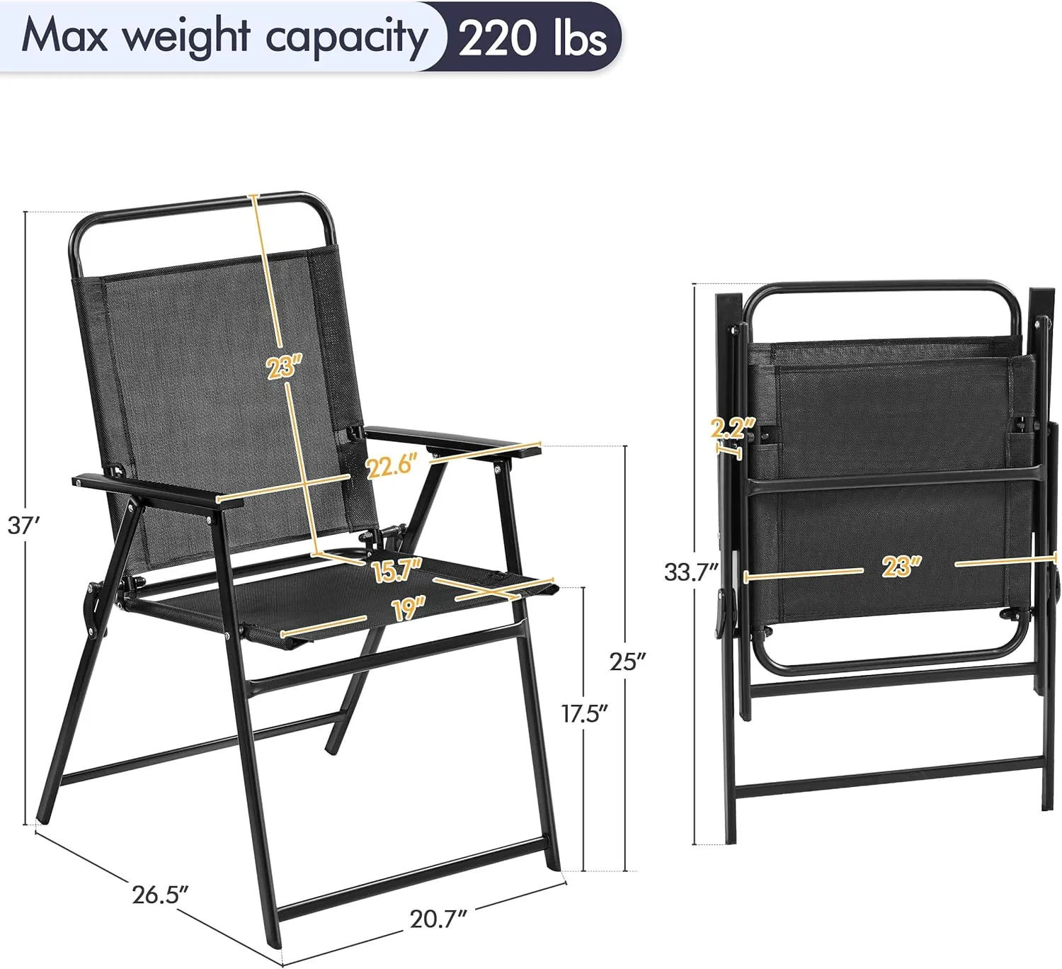 Yaheetech Outdoor Patio Chairs Set of 2, Folding Patio Chairs with Metal Frame, Armrests, Portable Dining Chairs for Camping, Lawn, Garden and Porch, Black